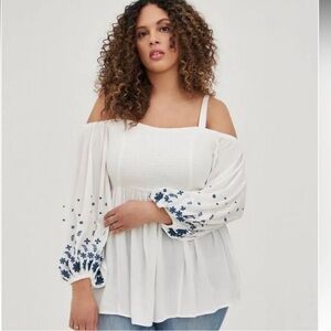 Torrid Gauze Embroidered Smocked Cold Shoulder White & Blue Blouse